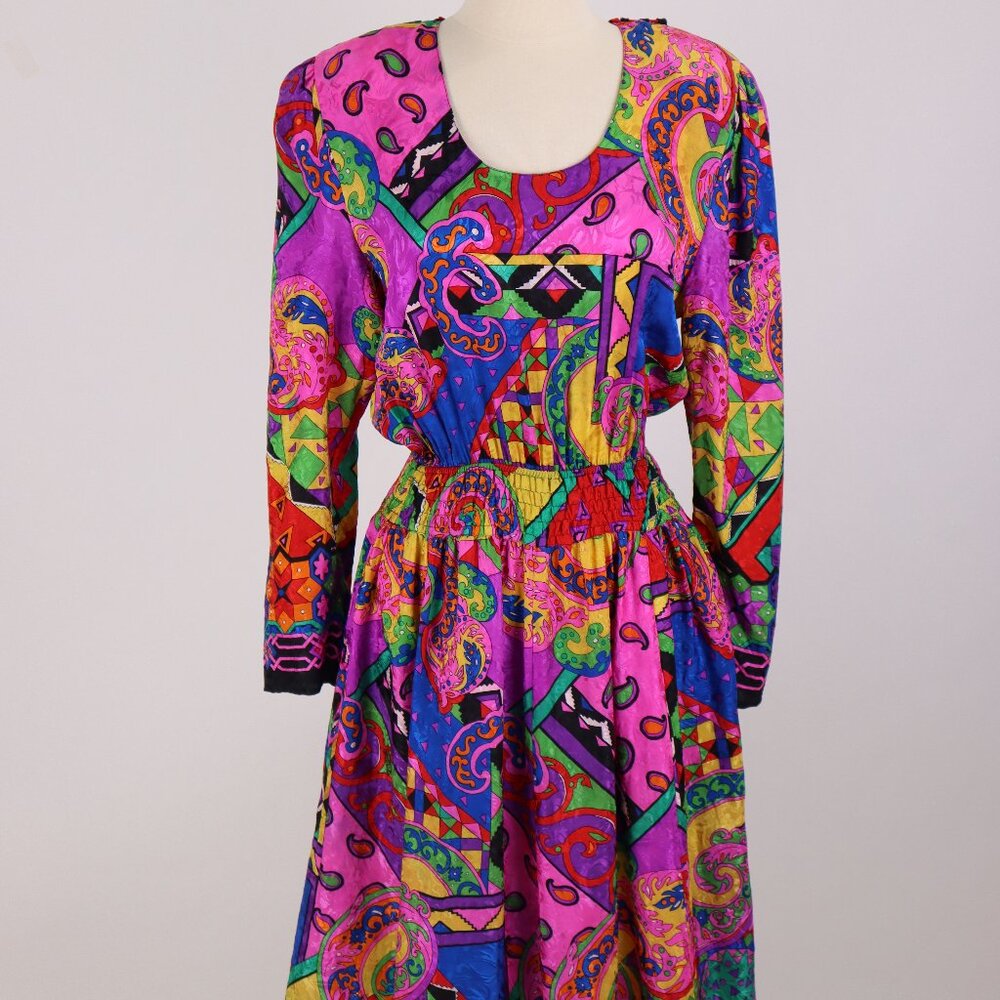 ❄️ Vtg 80's Diane Freis Psychedelic Colorful Graphic Abstract Silk Dress Gown